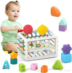 img 4 attached to 🧩 Montessori Toys for 1 Year Old - MOZYJIGAO Upgrade Baby Shape Sorter Toys with Elastic Bands for Sensory Shape Building Blocks - Fine Motor Skills Development - Toddler Toys Age 2 - Baby Toys for 18+ Months - Gifts for Boys and Girls