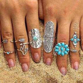 img 4 attached to ELABEST Boho Western Ring Set Turquoise Cactus Arrow Joint Knuckle Finger Rings Sets For Women And Girls