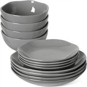 img 4 attached to LE TAUCI Grey Ceramic Dinnerware Set For 4 - 12-Piece Set With 10" Dinner Plates, 8" Salad Dishes, And 22 Oz Bowls - Ideal Housewarming Or Wedding Gift - Dishwasher, Microwave, And Oven Safe