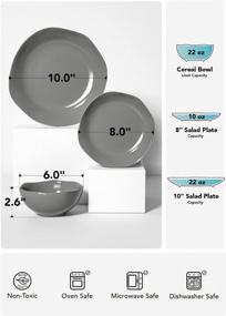img 3 attached to LE TAUCI Grey Ceramic Dinnerware Set For 4 - 12-Piece Set With 10" Dinner Plates, 8" Salad Dishes, And 22 Oz Bowls - Ideal Housewarming Or Wedding Gift - Dishwasher, Microwave, And Oven Safe