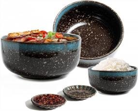 img 4 attached to 5 Pieces Premium Ceramic Large Ramen Bowls Set: 2 Brown 37 Oz Noodles Bowl. Asian Chinese Japanese Or Pho Soup. Includes: 1 Rice Bowl And 2 Sauce Dishes. By Vallenwood. (Brown)