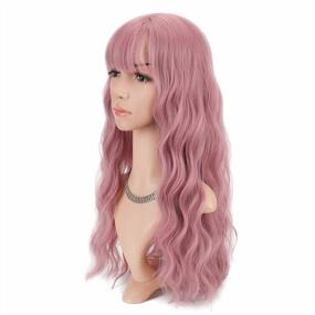 img 3 attached to Длинный пушистый вьющийся волнистый синтетический парик с челкой светло-розового цвета для женщин-идеально подходит для косплея и вечеринок-тепло-дружественный