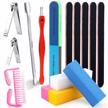15-piece nail manicure tool set with 2 clippers, 2 cuticle pushers, 5 files (100/180 grit), 4 sanding buffer blocks, 1 large brush, and 1 polishing block for toes & nails cleaning logo