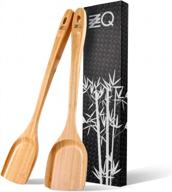 natural bamboo wok spatula set for non-stick cookware - long handled flat frying spatula and stir fry spatula for pancakes, fish, and eggs - 15 inch wood turner - pack of 2 - by zzq logo