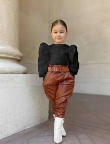 img 3 attached to Toddler Girls Puff Sleeve Tops + Leather Pants 2Pcs Fall Outfit Set Fashion Clothing