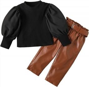 img 4 attached to Toddler Girls Puff Sleeve Tops + Leather Pants 2Pcs Fall Outfit Set Fashion Clothing