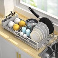 19"-27" expandable dish drying rack - large capacity, heavy duty aluminium drainer w/ removable cutlery & cup holder for kitchen countertop logo