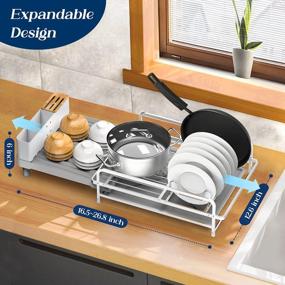img 2 attached to 19"-27" Expandable Dish Drying Rack - Large Capacity, Heavy Duty Aluminium Drainer W/ Removable Cutlery & Cup Holder For Kitchen Countertop