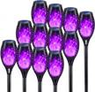 12-pack upgraded solar torches with flickering flame in purple, waterproof outdoor lights for christmas decorations, garden pathways, and porches - kyekio landscape flame lights logo