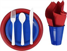 img 2 attached to American Flag Themed Red White And Blue Disposable Party Plastic Plates Cutlery Set - 350 Piece Combo (50 Dinner Plates, 50 Dessert Plates, 50 Cups, 50 Napkins, 50 Forks, 50 Spoons)