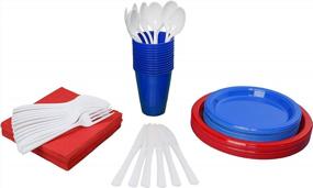 img 4 attached to American Flag Themed Red White And Blue Disposable Party Plastic Plates Cutlery Set - 350 Piece Combo (50 Dinner Plates, 50 Dessert Plates, 50 Cups, 50 Napkins, 50 Forks, 50 Spoons)