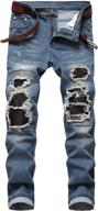 men's dsdz streetwear ripped biker jeans - patchwork pleated stretch denim pants logo