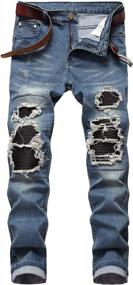 img 4 attached to Men'S DSDZ Streetwear Ripped Biker Jeans - Patchwork Pleated Stretch Denim Pants