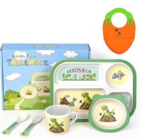 img 4 attached to Dino-Printed Bamboo Dinner Set For Toddlers: Includes Divided Plate, Feeding Dish, And Bib - Ideal Baby Tableware For Mealtime Fun And Easy Cleanup
