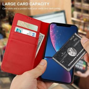 img 2 attached to ONETOP For IPhone XR Genuine Leather Wallet Case With Credit Card Holder, Wireless Charger Compatible RFID Blocking Hidden Magnetic Clasp Folio Cover With Kickstand 6.1 Inch (Red)