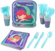complete mermaid themed party pack - 144 pieces, serves 24 guests with plates, napkins, cups, cutlery and perfect for mermaid birthday celebrations logo
