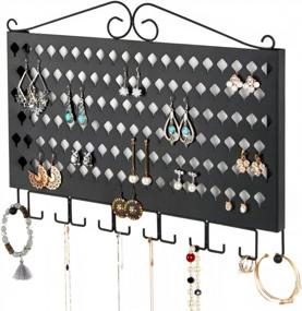 img 4 attached to Black Wall Mounted Jewelry Organizer With 117 Holes And 12 Hooks For Earrings, Necklaces, And Bracelets - Display Hanger By JackCubeDesign (16.54 X 12.2 X 0.75 Inches)