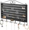black wall mounted jewelry organizer with 117 holes and 12 hooks for earrings, necklaces, and bracelets - display hanger by jackcubedesign (16.54 x 12.2 x 0.75 inches) logo