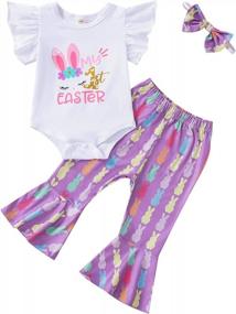 img 4 attached to 0-18M Adorable Newborn Baby Girl Easter Outfit - Ruffle Romper, Bunny Flared Pants & Headband Set!