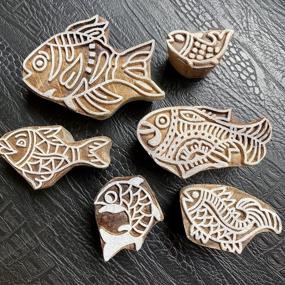 img 4 attached to AnNafi® Pottery Printing Blocks Retro Fish Pattern Wooden Stamps (Set Of 6) Fabric Wooden Stamps Creative Cloth Printing Blocks Wooden Block Painting Stamps