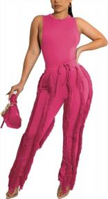 img 4 attached to Women'S Casual Solid Two-Piece Jumpsuit Set With Fringe Tassel Drawstring Long Pants
