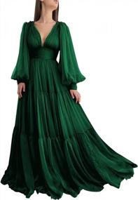 img 4 attached to Women'S Pleated V-Neck Ball Gown Prom Dress With Karine Long Puffy Sleeves For Formal Evening Wear