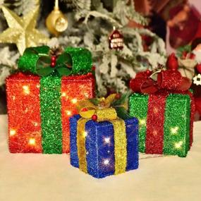 img 4 attached to 🎁 Bstge Christmas Lighted Gift Boxes Set - 60 Warm White LED Decorations with Bows - Indoor/Outdoor Holiday Art Decor - 3 Sizes