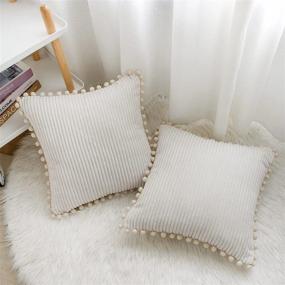 img 2 attached to WELTRXE Pack Of 2 Boho Decorative Throw Pillow Covers With Pom-Poms, Soft Corduroy Accent Solid Stripe Pillow Covers Cream Square Cushion Case Set 18X18 Inch For Couch Sofa Bedroom Car Living Room