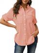 women's roll up cuffed button down shirts: v neck casual collared tops w/ pockets (short/long sleeve blouse) logo