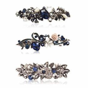 img 4 attached to 3 Pack Vintage Rhinestone Hair Barrettes For Women - Flower Butterfly French Clip Faux Crystal Hair Clips In Black & Navy Blue