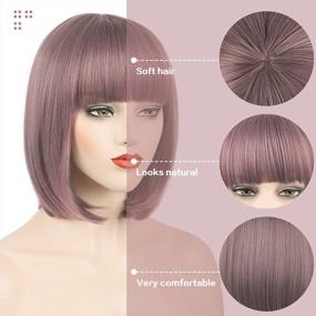 img 4 attached to Bob Wig With Bangs - 12 Inch Purple Wig For Women, Natural Looking Short Wigs With Bangs, Super Cute Bob Wig Easy To Put, Colorful Synthetic Wig For Daily Use, Parties, Cosplay, Halloween(Taro Purple)