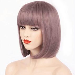 img 2 attached to Bob Wig With Bangs - 12 Inch Purple Wig For Women, Natural Looking Short Wigs With Bangs, Super Cute Bob Wig Easy To Put, Colorful Synthetic Wig For Daily Use, Parties, Cosplay, Halloween(Taro Purple)