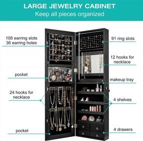 img 1 attached to CHARMAID LED Strip Jewelry Armoire: Full Length Mirror, Wall/Door Mounted Organizer With Flip-Over Tray, 4 Drawers, And Large Storage Cabinet In Black