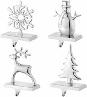 set of 4 vintage metal christmas stocking holders - reindeer, snowflake, snowman, and pine tree motifs - sturdy silver standing hook for mantel, fireplace, counter, or window decoration logo