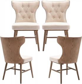 img 4 attached to Farmhouse Style Tufted Wingback Dining Chairs Set Of 4 In Driftwood Cream With Wooden Legs - Ideal Antique Upholstered Accent Chairs For Kitchen And Living Room