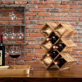 img 3 attached to MyGift 8-Bottle Countertop Rustic Brown Wood Geometric Design Wine Bottle Storage And Organizer Rack