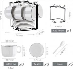 img 2 attached to Porcelain Coffee Cup And Saucer Set With Display Stand, Spoons Included - 7.4Oz Capacity, Ceramic Tea Cups (Black Rim)