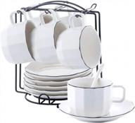 porcelain coffee cup and saucer set with display stand, spoons included - 7.4oz capacity, ceramic tea cups (black rim) logo
