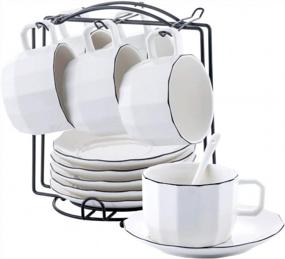 img 4 attached to Porcelain Coffee Cup And Saucer Set With Display Stand, Spoons Included - 7.4Oz Capacity, Ceramic Tea Cups (Black Rim)