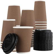 ☕ 12 sets of insulated rippled double wall paper hot espresso coffee cups with lids - 16 oz. light brown логотип