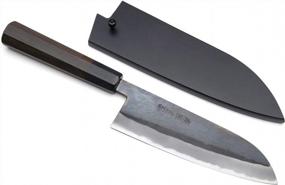 img 4 attached to Yoshihiro Kurouchi Black-Forged Blue Steel Stainless Clad Santoku Multipurpose Knife (6.5'' (165Mm) & Saya)