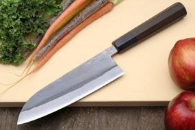 img 2 attached to Yoshihiro Kurouchi Black-Forged Blue Steel Stainless Clad Santoku Multipurpose Knife (6.5'' (165Mm) & Saya)