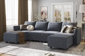 img 3 attached to Modern U-Shape Sectional Sofa Sleeper Couch With Reversible Chaise And Ottomans - HONBAY Bluish Grey