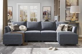 img 4 attached to Modern U-Shape Sectional Sofa Sleeper Couch With Reversible Chaise And Ottomans - HONBAY Bluish Grey