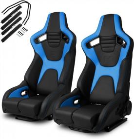 img 4 attached to Пара универсальных гоночных сидений — серия Venom: черный + синий, ПВХ, углеродное волокно, кожа, откидная спинка, By ModifyStreet