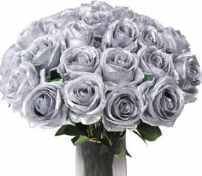 img 4 attached to Real Touch Silk Roses In Silver - Perfect For Weddings, Gardens And Parties - 10 Pcs Of Artificial Silver Flowers By Veryhome