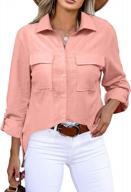 women's roll up cuffed button down shirts: v neck casual collared tops with pockets - short/long sleeve blouse by niitawm logo