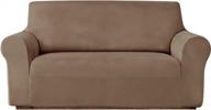 soft and thick velvet loveseat slipcover with elastic bottom for living room furniture protection - stretchable plush sofa cover for 2 cushion sofa, washable, fits 58 to 72 inches, camel logo