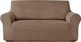 img 4 attached to Soft And Thick Velvet Loveseat Slipcover With Elastic Bottom For Living Room Furniture Protection - Stretchable Plush Sofa Cover For 2 Cushion Sofa, Washable, Fits 58 To 72 Inches, Camel