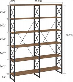 img 4 attached to Industrial Double Wide Bookshelf - 6 Tiers, 80.7" Height, Rustic Brown Finish; Perfect For Living Rooms, Studies, And Libraries